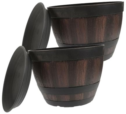 Happyyami 2 Ensembles Baril en Plastique bac de Rangement Plastique bac Rangement Succulent Pot de Fleur rétro des balles Plantes Pot de Fleur Imitation Bois tonneau Imitation Bois