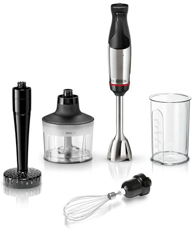 Bosch Stabmixer ErgoMaster Serie 6, mit Zerkleinerer, Schneebesen, 4 Edelstahl-Klingen, verschleißfreie Keramik-Kupplung, langlebig, Luftkühlung, 1000 W, MSM6M633