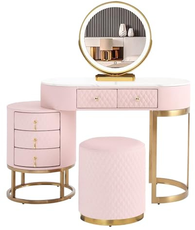 Romyqpipy Toeletta Da Trucco con Luci Led, Luminosità Regolabile, Tavolino Trucco Moderna con Cassetti, Postazione Trucco con Sgabello, 1 Armadietto Mobile, Montaggio Flessibile, per Camera Da Letto