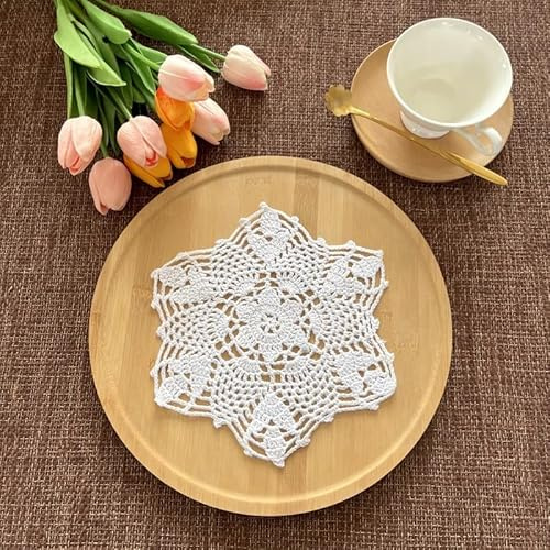8 Stück Spitzendeckchen Tischsets,22cm Handgefertigt Gehäkelt Runde Untersetzer Gestrickte Deckchen Häkeldeckchen Tischdecke Platzset Dekoration für Küche Esszimmer Party Hochzeit Kommoden,Weiß