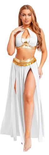 MSemis Damen Arabisches Bauchtanz Outfit Metallic Neckholder Bauchtanz BH Rock Set Tanzen Kostüm Halloween Party Bekleidung