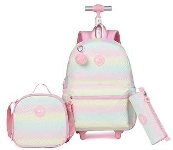 kingdisen Rolling Backpack with Wheels School Trolley Laptop Bag with Lunch Box 3pc Set for women (PU PINK)