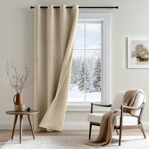MIULEE Thermovorhang Türvorhang Doppelter Samt Vorhänge Verdunkelnd Samt Gardinen Blickdicht - Wärmeschutz Verdunklungsvorhang mit Ösen für Wohnzimmer, H225 x B132 cm, Hellbeige, 1 Stück
