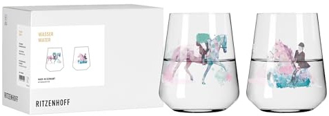 RITZENHOFF 8086005 Wasserglas 500 ml, 2er Set, Serie Reitgold - 2 Stück, Motiv Springreiten und Dressur, bunt - Made in Germany