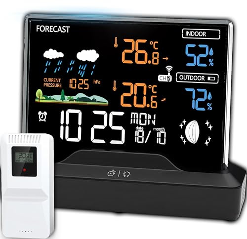 Retoo Station météo sans fil avec capteur extérieur, station météo sans fil avec prévisions météo, intérieur et extérieur, thermomètre, hygromètre, baromètre, humidité, horloge radio, capteur, portée