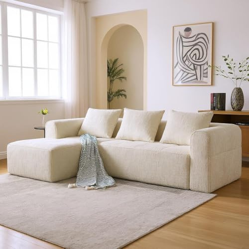 FurnitureR Ecksofa ohne Montage, Modernes modulares Loungesofa für Wohnzimmer, 4-Sitzer Sofa mit Stauraum, Weiches Leinen, Cremeweiß