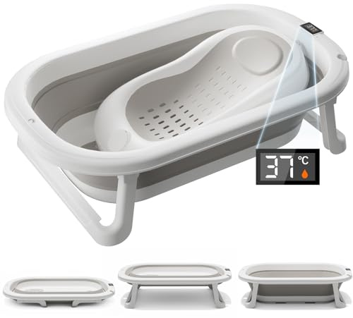 DEANIC Baby Bath Tub with Thermometer, Foldable Baby Bath with Bath Support Seat, Portable Bathtub for 0-18 Months Newborn (Light Grey)