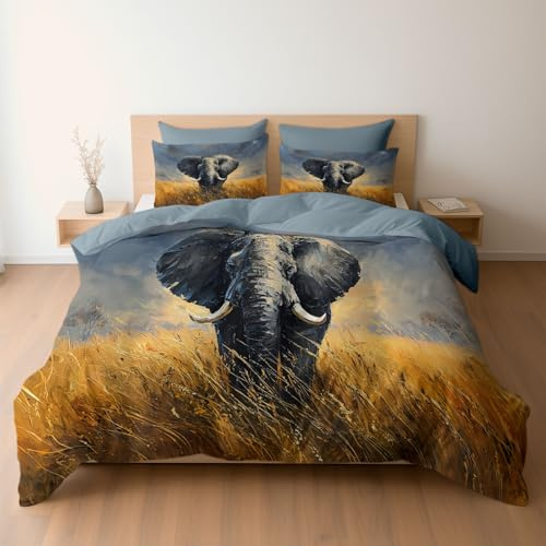 Juego de Funda de Edredón Reversible con Fundas de Almohada, Diseño Elefante en Sabana Pintura Óleo 220 x 240, Tejido Transpirable, Gris, Fácil Cuidado, Lavable a Máquina (Cama 135/150)
