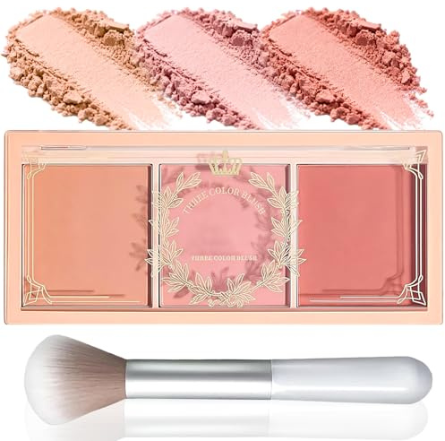Natural Matte 3-Color Blush Palette with Brush | Blushers for Cheeks Make Up with Blush Powder – Cute Makeup Blusher for Daily/Party Looks, Buildable & Long-Lasting Pigment (Pink with Brush)