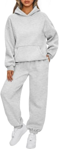 OLIPHEE Tuta Sportiva Donna Completa 2 Pezzi Invernale in Pile Jogging Completi Sportivi Donna Fitness Set Felpa e Pantaloni Larghi Yoga Palestra Ginnastica Outdoor Grigio chiaro S