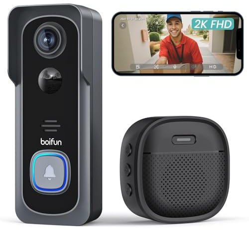 BOIFUN 2K Video Doorbell Camera Wireless, No Monthly Fee, Motion Detection, Two-way Talk, Clear Night Vision, Rechargeable Battery, Works with Alexa, SD Card & Cloud Storage, 2.4GHz