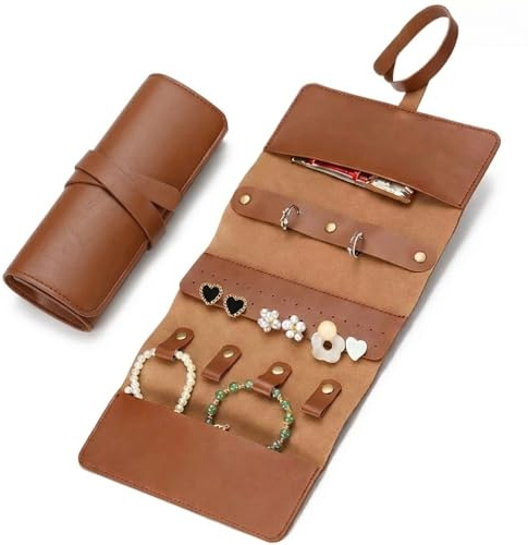 HamdiCo Pochette à Bijoux de Voyage en Pu Cuir – Rouleau Compact pour Colliers, Bagues et Bracelets – Organisateur Bijoux Femme