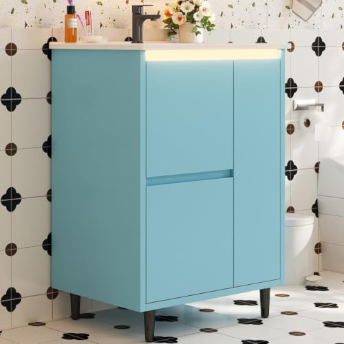 NADEUSAK Lavabo da bagno autoportante, blu, 61 x 46,5 x 87 cm, superficie completamente laccata, lavabo in ceramica integrato, cerniere soft-close, due cassetti, design con piedini alti
