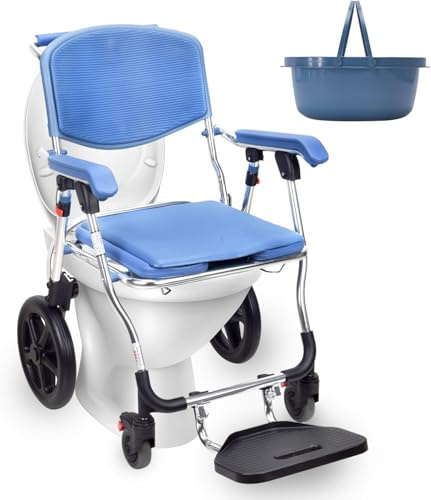 Silla de baño para personas mayores con ruedas, silla de ducha con respaldo y cubo de inodoro, silla de inodoro con ruedas que soporta hasta 150 kg (azul estilo 1)
