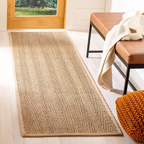 SAFAVIEH Natural Fiber Collection Runner Rug - 2'6 x 12', Natural & Beige, Seagrass, Herringbone Pattern with Border (NF115A)