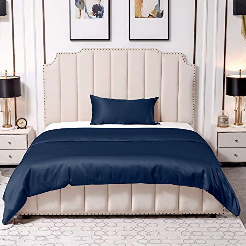 THXSILK Juego de ropa de cama de seda de 25 Momme, funda nórdica de 135 x 200 cm y 40 x 80 cm, funda de almohada hipoalergénica, juego de ropa de cama, ultra suave y lisa, azul marino