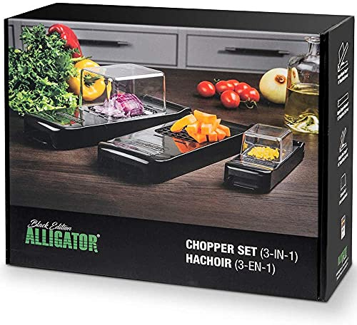 ALLIGATOR 3002 – Multifunktions-Zerkleinerer 3-in-1 – Gemüseschneider – Zwiebelschneider – Pommesschneider – 3 austauschbare Klingen – 3 x 3 mm 6 x 6 mm 12 x 12 mm – BPA-frei – Schwarz