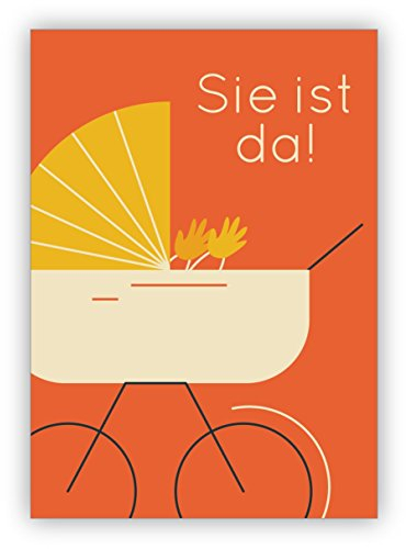 16er Set: Orange Designer Retro Baby Glückwunschkarte zur Geburt eines Mädchen mit Vintage Kinderwagen: Sie ist da! • liebevolle Willkommens Geschenkkarte zur Geburt für Mutter und Kind