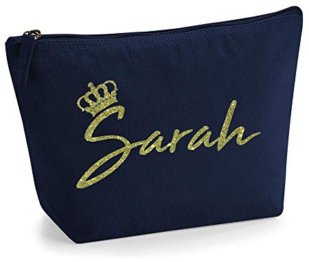 Personalisiert Name Initialen & Königin Krone Kosmetiktasche Damen Schminktasche für Handtasche Makeup Tasche mit Texturdruck - Gold Glitter - M - Marine Blau