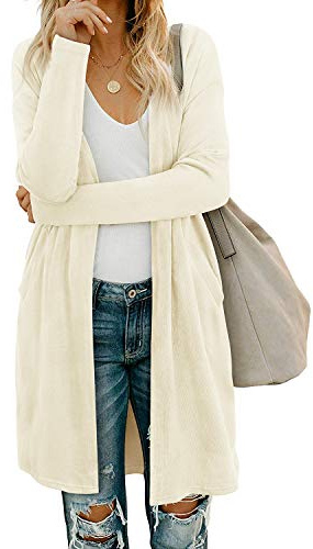 OUGES Damen Langarm Strickjacke Lang Leicht Cardigan Casual Strickmantel mit Taschen