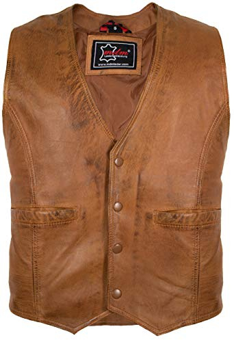 MDM Chaleco Hombre De Cuero Napa De Cordero Auténtico - Chaqueta Moto Hombre Sin Mangas, Chaleco Cuero Ligero Con Cuello En V, Bolsillos Interiores Y Exteriores