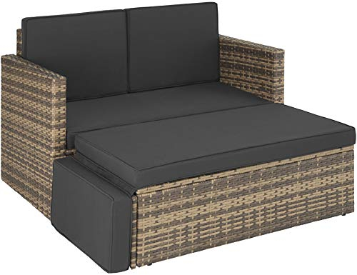 tectake Sofa Set - 2 Sitzer Sessel mit Hocker und Schlaffunktion, kleine Rattan Couch als Outdoor Gartenmöbel, wetterfest für Lounge, Balkon und Garten, klappbar mit Polstern