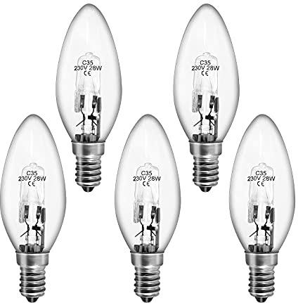 Sarveeta 5 Stück Halogen Glühbirne E14 kerzen Dimmbar,28Watt E14 Halogenlampen 2800K Warmweiß,Klar Glühlampe 2500 Hours Life by
