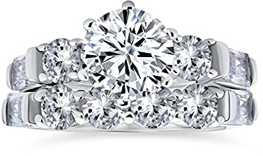 Bague De Fiançailles Et D'Anniversaire Classique Cathédrale À 6 Griffes Pierres Latérales Baguette En Zircon Cubique Cz Rond 2 Ct S Ensemble De Bagues En Argent Sterling Demi-Anneau D'Éternité.