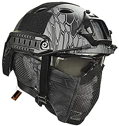 MH Taktik Fast Helm kombiniert, Mit Faltbarer Gehörschutz Halbgesichts Netz Maske und Goggles für Airsoft Paintball CS Game