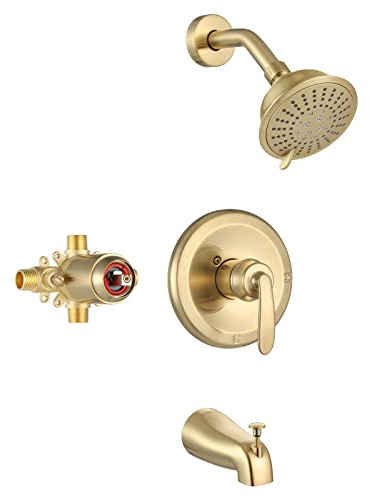 PARLOS Duschsystem, gebürstetes Gold, Duscharmatur-Set mit Wannenauslauf (Ventil im Lieferumfang enthalten), 5 Einstellungsmodi, Badewannen-Kombination, 1436908