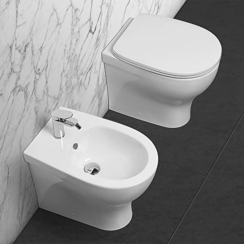 Inbagno Sanitari Filo Muro traslati con Sistema di Scarico Rimless, in Ceramica Bianca Lucida Serie Pratica, copriwc rallentato Incluso