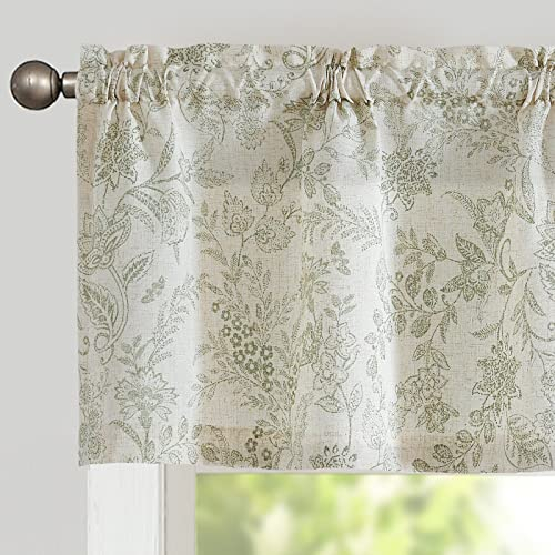 TOPICK Scheibengardine Leinen Vorhang Blumen Bedruckt Bistrogardine Halb Transparent Gardine Scheibengardinen für Küche Wohnzimmer Landhaus(H40 x B125(cm)-1 Stück, Grün auf Beige)