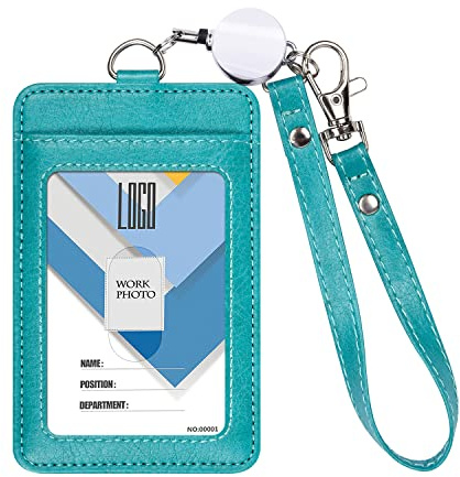 Wisdompro Ausweishalter Ausziehbar Leder, Ausweishülle mit Schlüsselband Kurz, Badge Holder für Ausweise, Kreditkarten, Busfahrkarten, Grün Blau (Vertikal)