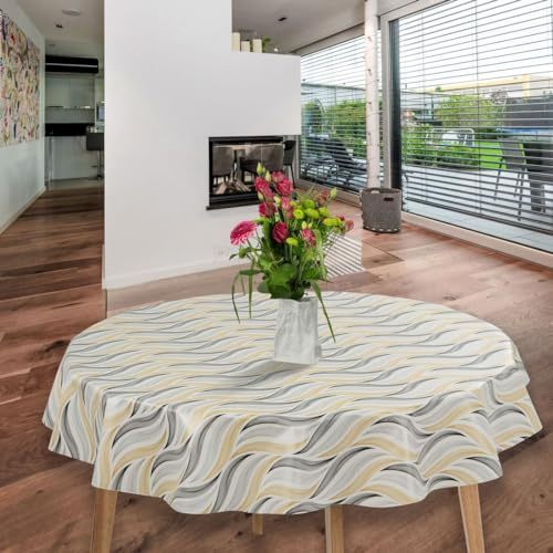 laro runde 140 cm wachstuchtischdecke wachstischdecke abwashbar PVC tischdecke Wachstuch wasserabweisend Garten tischdecke, Muster:Wellen Grau Beige
