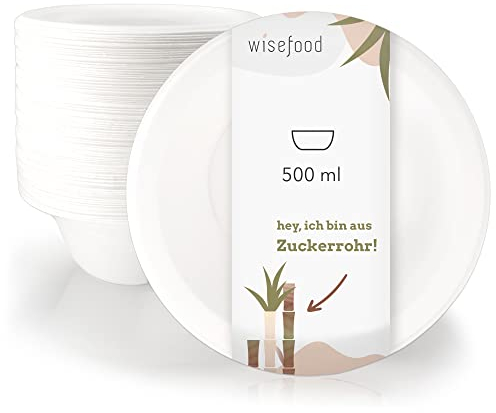 Wisefood Lot de 50 bols à soupe jetables en bagasse ronds blancs 500 ml – Bol en carton unique idéal pour frites ou salades – Vaisselle en canne à sucre bio sans PLA/PE