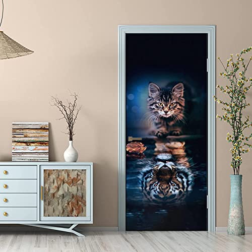 VIRANDA Türtapete Selbstklebend TürPoster 3D Türfolie - Katze Wird Tiger - Türaufkleber Türklebefolie 80x200cm