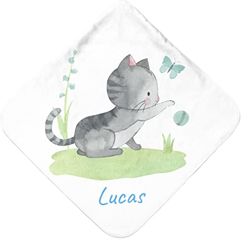 Baby Badetuch mit Kätzchen | Babyhandtuch mit Kapuze | Personalisiertes Baby Kapuzenhandtuch mit Namen & süßem Tiermotiv | Extra weiches und saugfähiges Babybadetuch | Baby Handtuch mit Kapuze