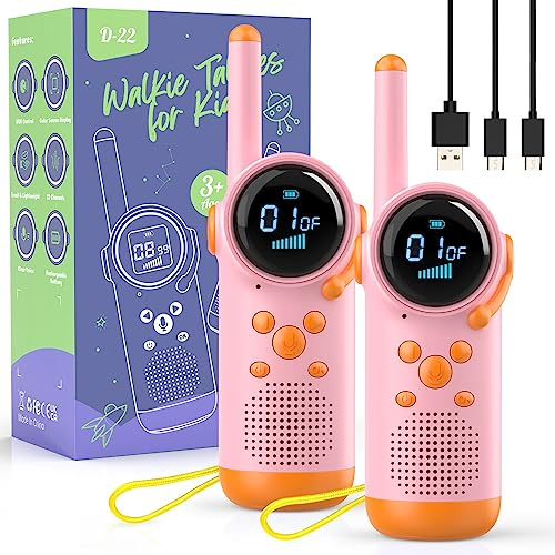 Juguetes de 3 4 5 6 7 8 Años Niñas, Kearui Walkie Talkie Niños, Walkie Talkie Regalo Recargable Niña con 8 Canales, Función VOX, Voz Clara para Aventura, Camping, Senderismo (Rosa)