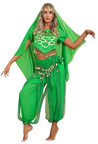 renvena Damen Bauchtanz Kostüm Set Pailletten Halloween Karneval Kostüme Komplet Tanz Oberteil + Haremshose + Hüfttuch + Kopftuch Grün One Size