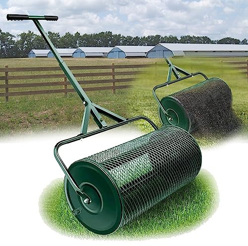 DOZPAL Kompoststreuer, handgeführte Miststreuwalze aus Metall (23,6 x 15,7 Zoll) mit T-förmigem Griff, Mehrzweck-Samenstreuer für Rasen und Garten,Green