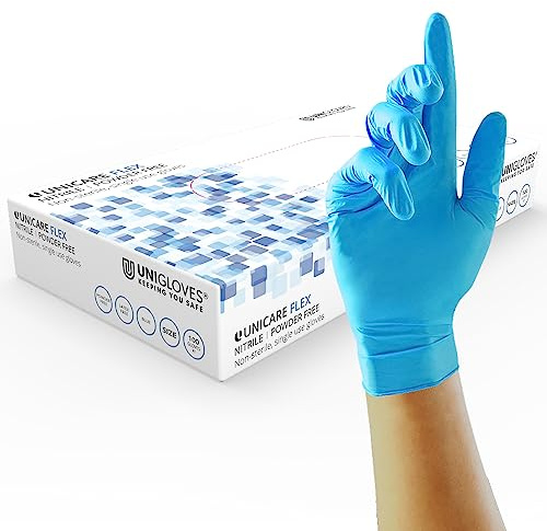UNIGLOVES Unicare Flex Nitrile Multipurpose Disposable Gloves, Powder Free, Ultra Lightweight, Box of 100 Gloves in Blue, Size Extra Large (GS0215)