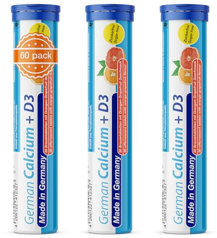 German Calcium + Vitamin D3 Brausetabletten 60 Stk. Orangen-Grapefruit Geschmack - 500 mg Kalzium, 2,5 μg Vitamin D3 - T&D Pharma – Made in Germany