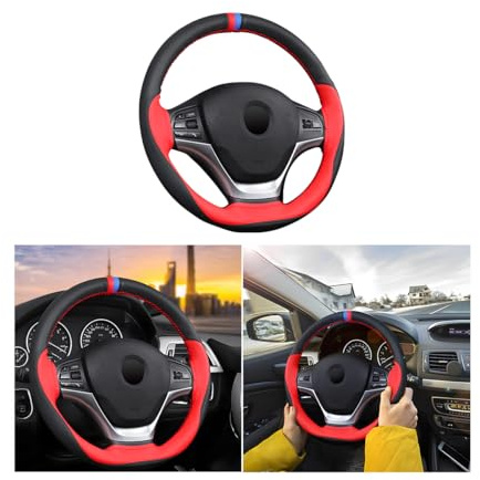 JNNJ Lenkradbezug Auto, Mikrofaser-Leder-Lenkradabdeckung, Sport Anti Rutsch Universal 38cm Lenkradbezug, Lenkrad Abdeckung Echtes Leder Breathable Anti Slip(Rot)