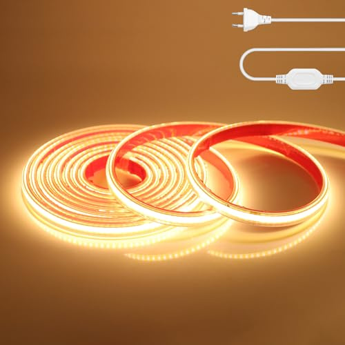 Wisada COB Tira LED 220V Blanco cálido 3000K CRI>90 Brillo Alto Luminiscencia Lineal Alta Densidad 288LED/M Impermeable Luces LED para Gabinete Sala de estar Dormitorio,TV, Bar (5m)