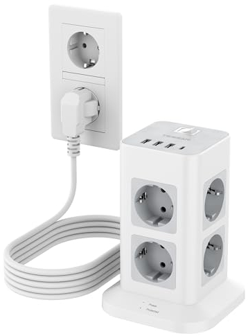 TESSAN 8 Fach Mehrfachsteckdose mit USB C und 3 USB A, Verlängerungskabel 5M Verteilersteckdose, Steckdosenleiste Überspannungsschutz, Mehrfachstecker mit Schalter für Zuhause, Steckdosenturm 3600W