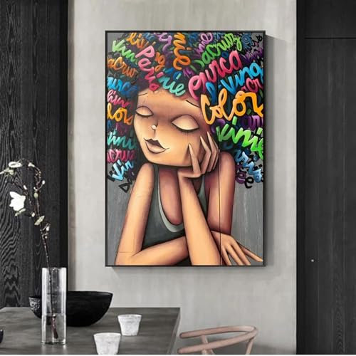 Wandkunst für Wohnzimmer, gerahmt, Graffiti-Kunst, Leinwanddrucke, Gemälde, afrikanisches Mädchen, Straßenkunst, Pop-Art, Leinwandbilder, 30 x 40 cm (12 x 16 Zoll) mit goldenem Rahmen