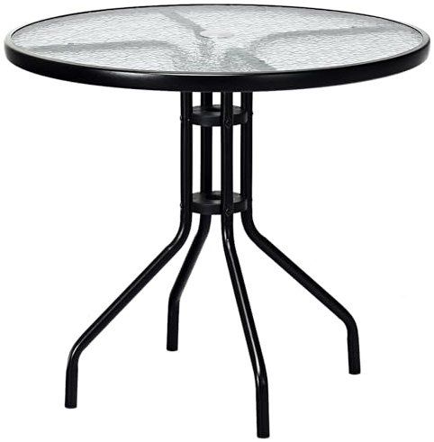 KOMFOTTEU Balkongbord rund, trädgårdsbord med paraplyhål, bistrobord med glasplatta och metallram, sidobord matbord 70 x 70 x 71 cm för gård, terrass