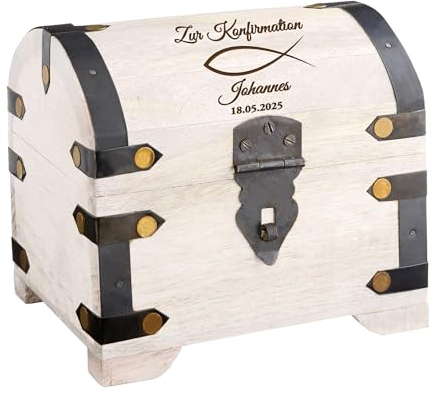 Casa Vivente Weiße Schatztruhe mit Gravur zur Konfirmation, als Geldgeschenk, Fisch Motiv, Personalisierte Schatzkiste, Deko Holztruhe, 14 x 11 x 12 cm
