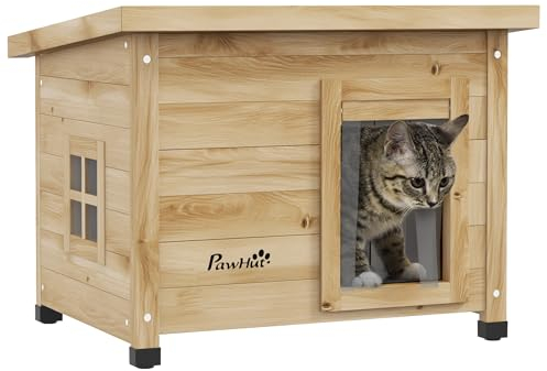 PawHut Katzenhaus aus Holz Winterfest wasserdicht Katzenhütte mit Asphaltdach Fenster Türvorhang Erhöhte Katzenhöhle Schutzhütte Outdoor Katzenkiste für Draußen Garten Balkon 57 x 45 x 43 cm Gelb