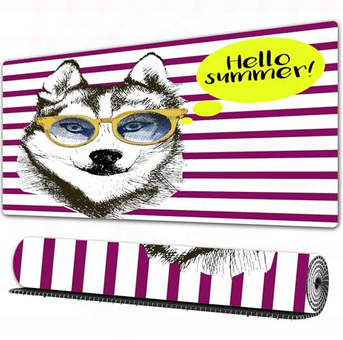 EOMKSE Mauspad Verlängertes großes Mauspad Schreibtischauflage,genähte Kanten Mauspad,Gummibasis,Alaskan Malamute, lila Streifen mit Brille Husky Sketch Yellow Hipster Hallo,Gaming-Mauspad,40x90 cm